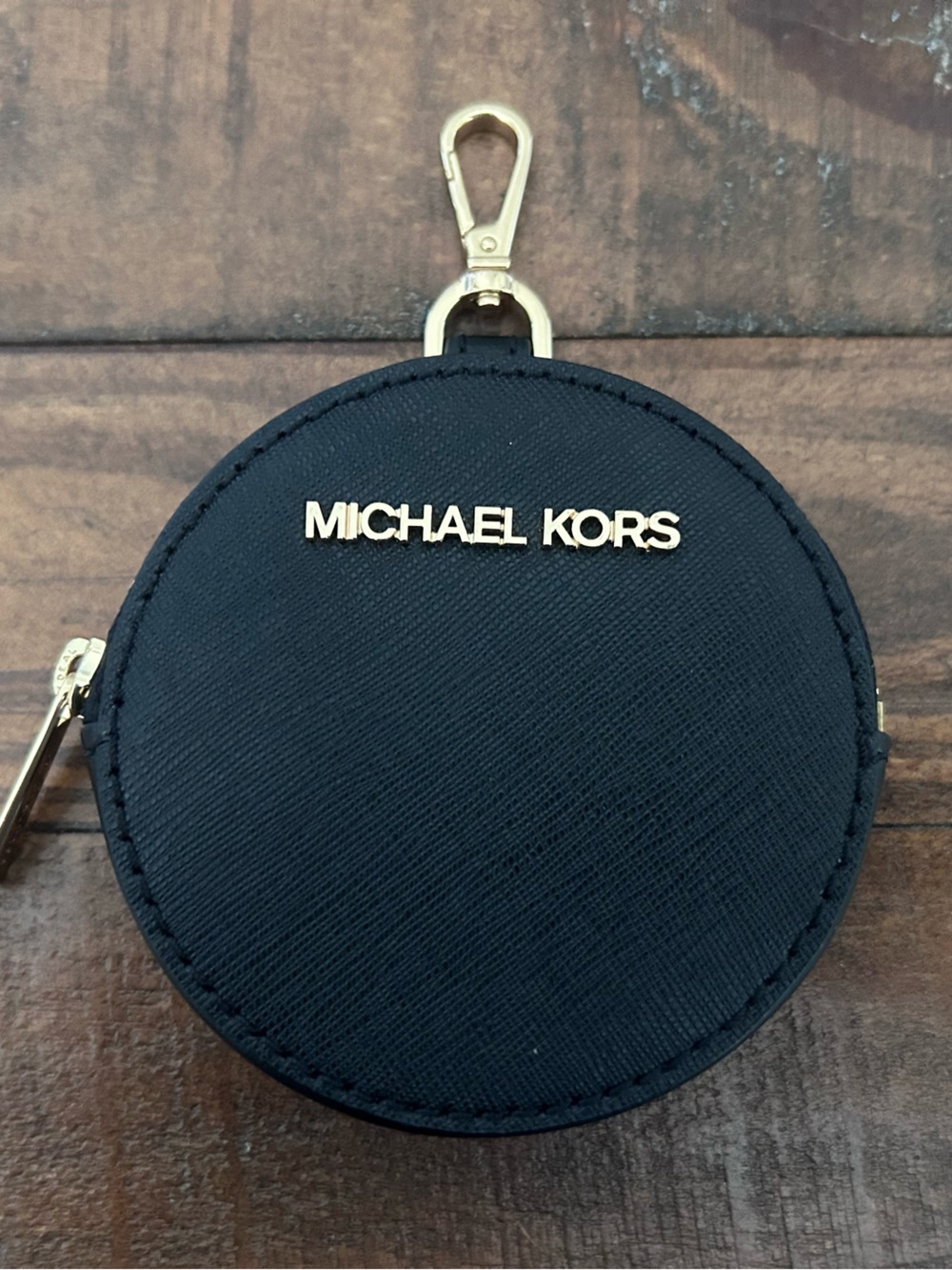 Michael Kors Black Saffiano Leather Round Coin Pouch with Zipper & Clip.